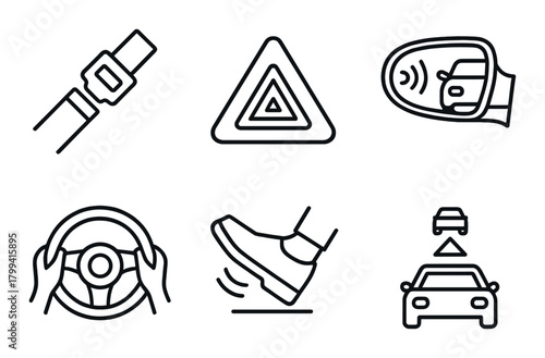 Automobile safety icons: seatbelt, warning sign, blind spot indicator, steering wheel, braking, distance monitoring
