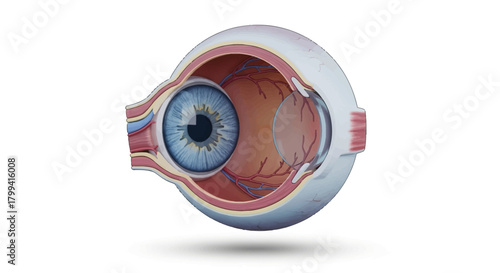 Detailed 3D Medical Illustration of Human Eye Anatomy Cutaway View, Showing Internal Structures, Optic Nerve, and Retina for Educational Purposes