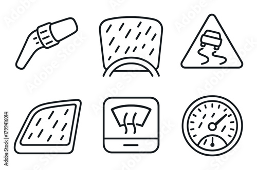 Automotive dashboard symbols: windshield, speedometer, warnings