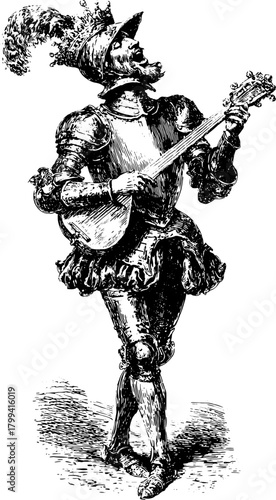 Antique engraved illustration of a male musician in armor playing a mandolin. This vintage vector artwork features detailed line drawing in a classic style.