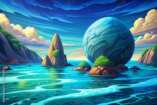 Vast deep sea with endless blue water, subtle waves, no land in sight, minimal and powerful composition