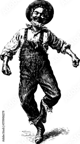 Farmer man dancing in a vintage style. Black and white vector illustration with detailed outfit and joyful expression, presented as a set.