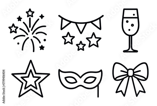 Celebration icons set: fireworks, mask, wine glass, stars, bow, banner