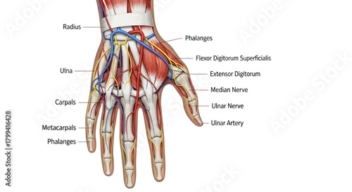 Anatomical illustration of the human hand's intricate structure, highlighting veins and nerves