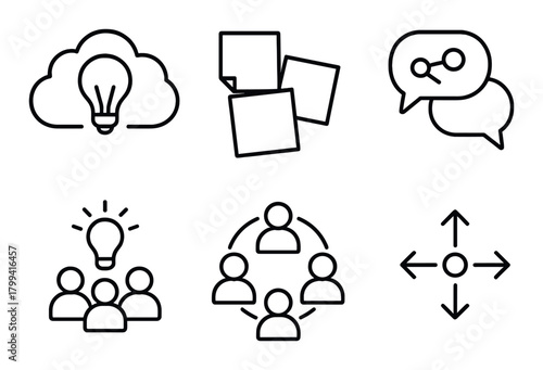 Innovative icons: cloud ideas, collaboration, communication, teamwork, and networking concepts