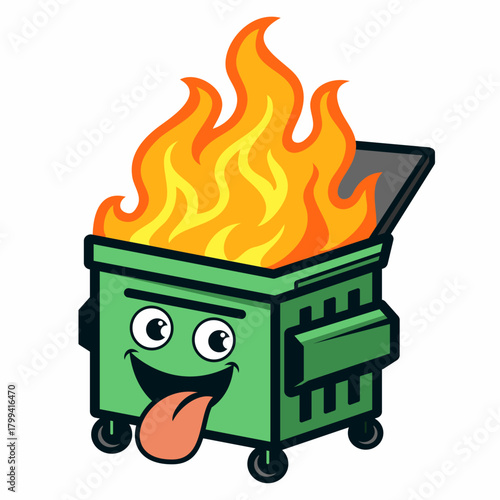 Dumpster Fire cartoon emote with tongue vector illustration isolated in white
