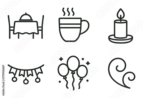 Dining table, coffee mug, candle, garland, balloons, and swirl icons on textured background