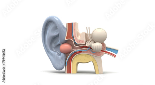 A detailed 3D illustration of the human ear's anatomy showing a cross-section of the auditory system for medical and scientific concepts