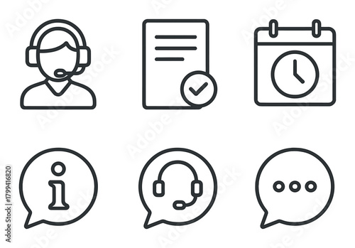Customer service icons set: headset, document, calendar, information, chat