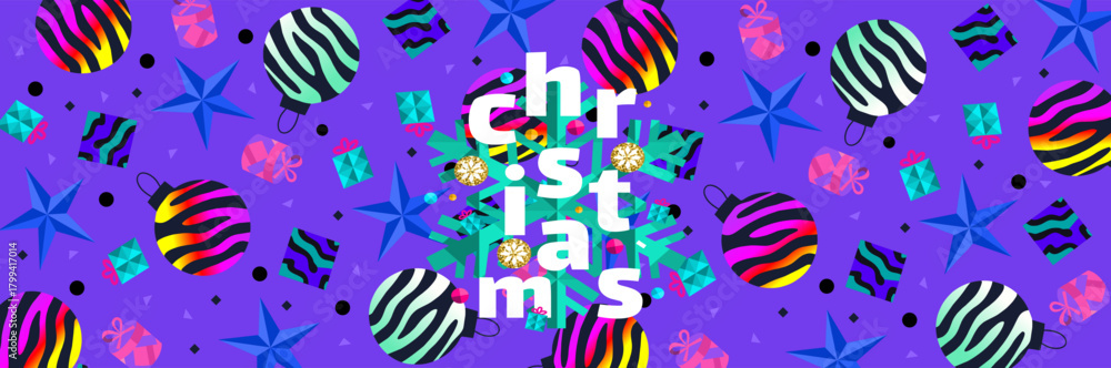 Fototapeta premium Vibrant Christmas pattern with festive ornament, geometric gifts, bright stars, and bold modern typography. Trendy holidays background for holiday banner, wrapping paper, poster, and party
