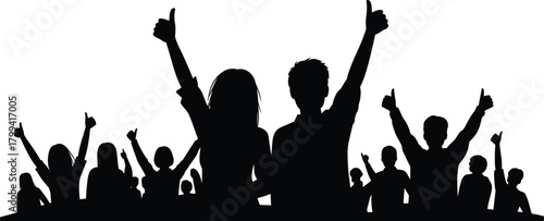 Silhouette crowd of cheering people with raised arms and thumbs up, creating an energetic celebration scene ideal for event, festival, party, and concert backgrounds.
