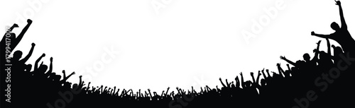Silhouette crowd of cheering people raising hands in celebration, forming a dynamic border design for event, festival, party, or concert background artwork.