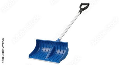 Blue plastic snow shovel with metal handle on white background