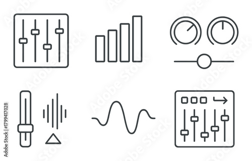 Sound control panel icons on metallic background with equalizers and gauges