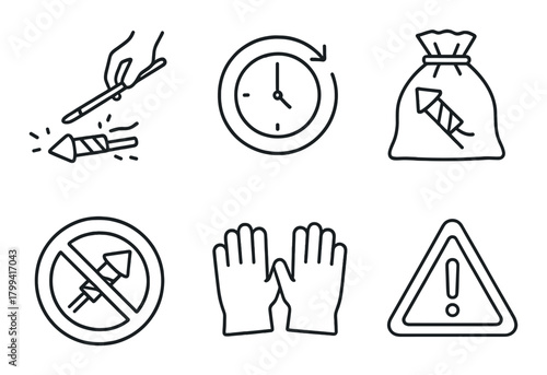 Firework safety icons: precaution equipment and warning symbols