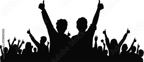 Thumbs-up crowd silhouette vector showing raised arms, approval, unity, celebration, support, motivation, success, and public endorsement illustration