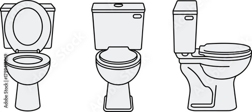 Toilet vector set with front and side views showing seat positions, plumbing fixture design, bathroom hardware, and sanitary illustration