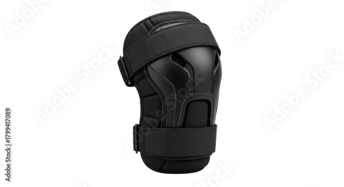 Black protective knee pad with adjustable straps on black background