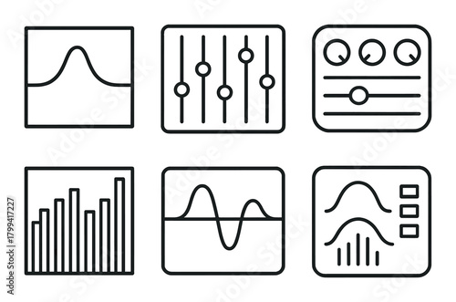Set of six dark audio and control panel icons with graphs and adjustments