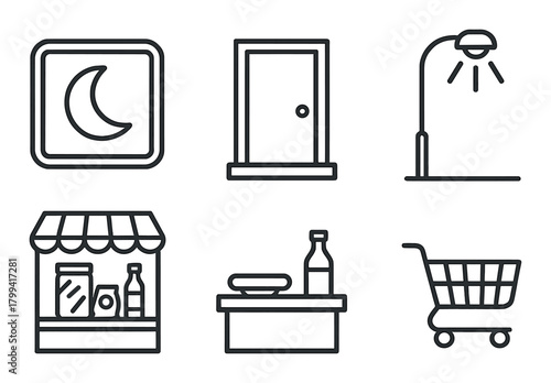Minimalist nighttime icons: shopping cart, street lamp, door, market stall