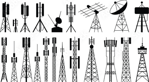Collection of various communication towers and antennas in black silhouette style showcasing wireless, cellular, radio, and satellite telecommunication infrastructure vector designs.