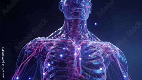 Futuristic visualization of human nervous system with glowing neural pathways and digital body representation for scientific and educational purposes