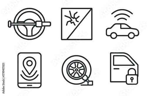 Car security icons featuring steering, gps, camera, tire, and door lock symbols in gray