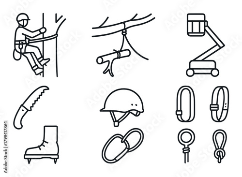 Tree climbing gear and safety equipment icons in chalk style