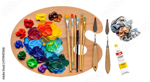 Artistic Palette With Vibrant Oil Paints And Brushes Displaying A Spectrum Of Colors For Creative Expression On A Transparent Background