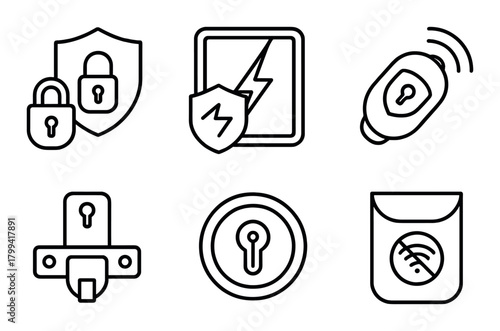 Security icons set: lock, alarm, digital, keyhole, protection