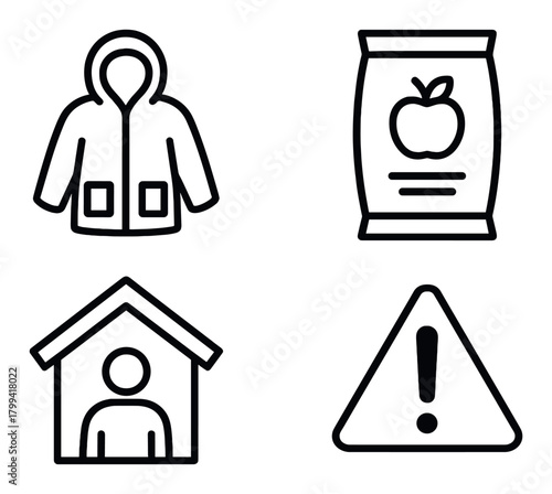 Clothing food shelter safety icons on dark background