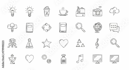 Collection of hand drawn icons including technology, office, and other miscellaneous objects