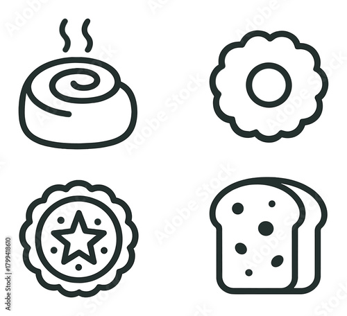Various bread and pastry icons on green background