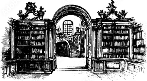 Library interior engraving with bookshelves and stairs. Antique black and white vector illustration showcasing classic architectural design.
