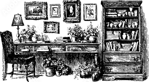 Antique engraving of a cozy workspace set with a chair, desk, lamp, and bookshelf filled with plants and books. Vintage vector illustration.