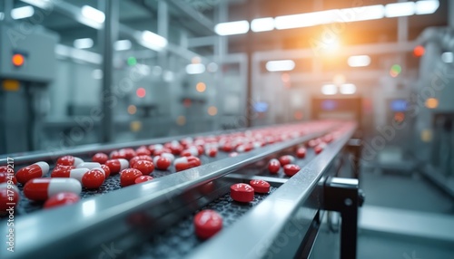 Wallpaper Mural Red and white pills move on a conveyor belt in a sterile pharmaceutical manufacturing facility. Automated machinery produces medicine for healthcare. Drugs are processed in a clean factory. Torontodigital.ca