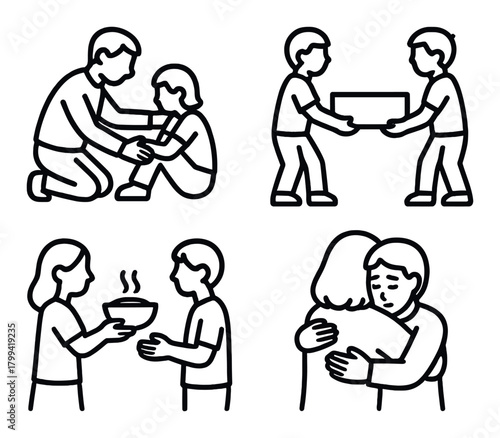 Compassionate acts: helping, sharing, feeding, hugging - illustrated human figures
