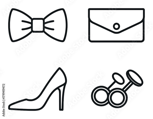 Black outline icons of bow tie, clutch, high heel, and cufflinks on gray background