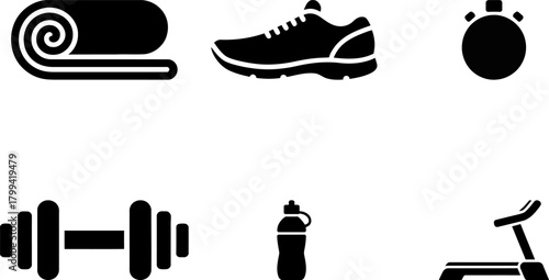 Icons representing fitness and exercise equipment are displayed.