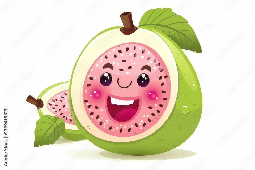 Obraz premium Cheerful Guava Cartoon Illustration Smiling Fruit Pink Flesh Cute Food on transparent background