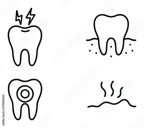 Dental health icons: toothache, gum health, cavity, fresh breath