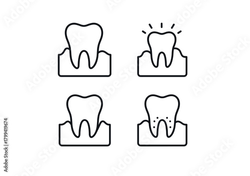Dental health icons depicting tooth in gum with decay, growth, and restoration