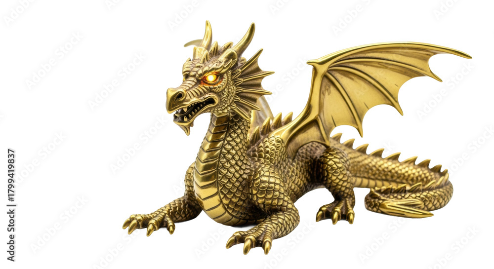 Fototapeta premium Golden dragon figurine with luminous eyes: mythical sculpture art