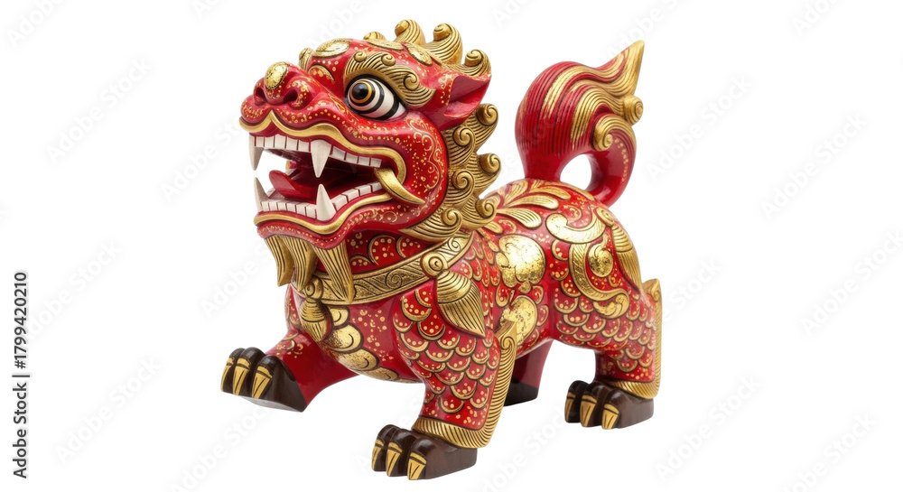 Fototapeta premium Intricate red chinese guardian lion statue with golden accents