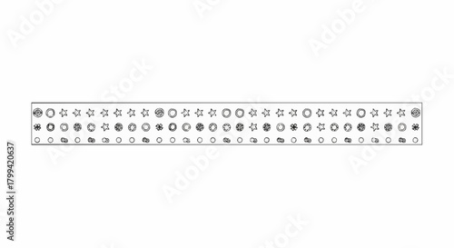 Line of alternating stars circles and floral shapes in a repeating pattern on a rectangular background