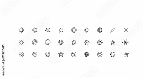 Illustration of various geometric shapes including stars circles and polygons arranged in rows on a white background