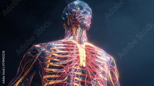 Futuristic Visualization of Human Anatomy Highlighting Nervous System and Skeletal Structure in Digital Art Form