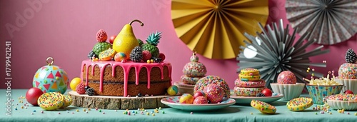 Vibrant celebration with colorful drip cake and assorted sweets on festive table