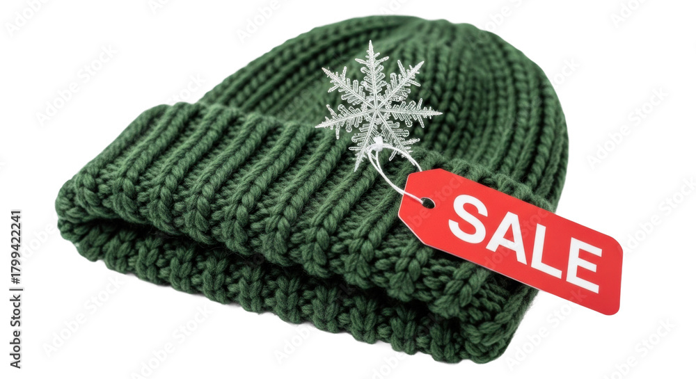 Fototapeta premium Green knit winter hat with sale tag and snowflake decoration