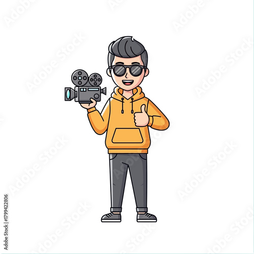 Mascot illustration of videographer holding film camera and giving thumbs up
